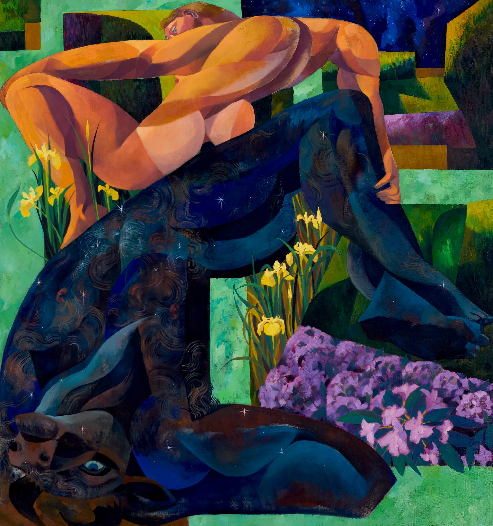 a painting by J Carino of a nude figure in nature, rendered with blocks of color and gestural brushstrokes