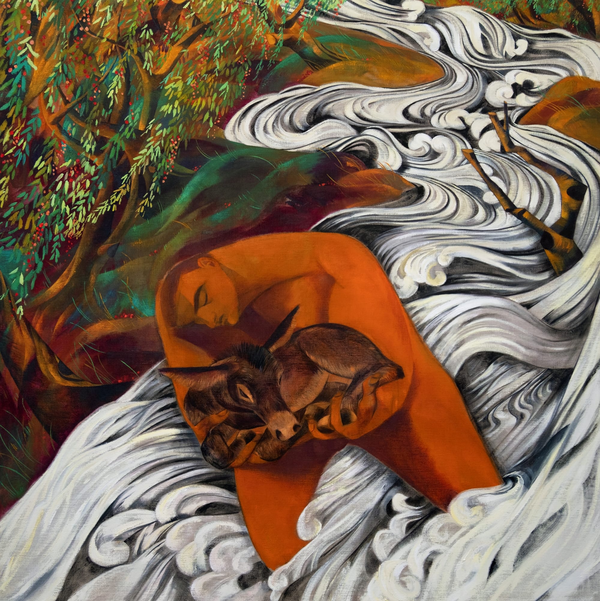 a painting by J Carino of a nude figure with a small donkey in nature, rendered with blocks of color and gestural brushstrokes
